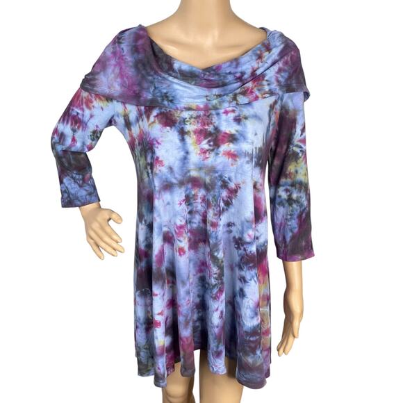 Soft Surroundings Blue Purple Tie Dye Cowl Neck Hooded Tunic Dress SZ M - Picture 1 of 8